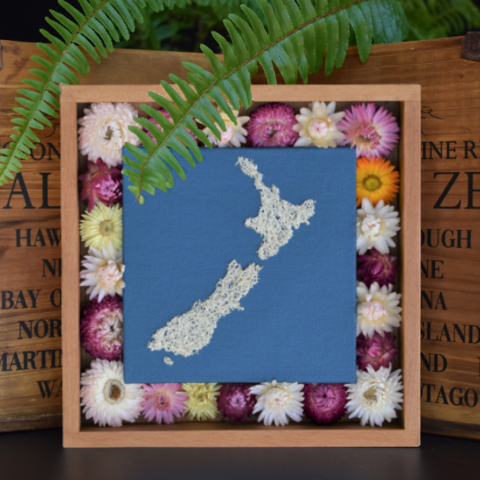 A loofah craft with an outline of NZ made out of loofah fiber with wooden background